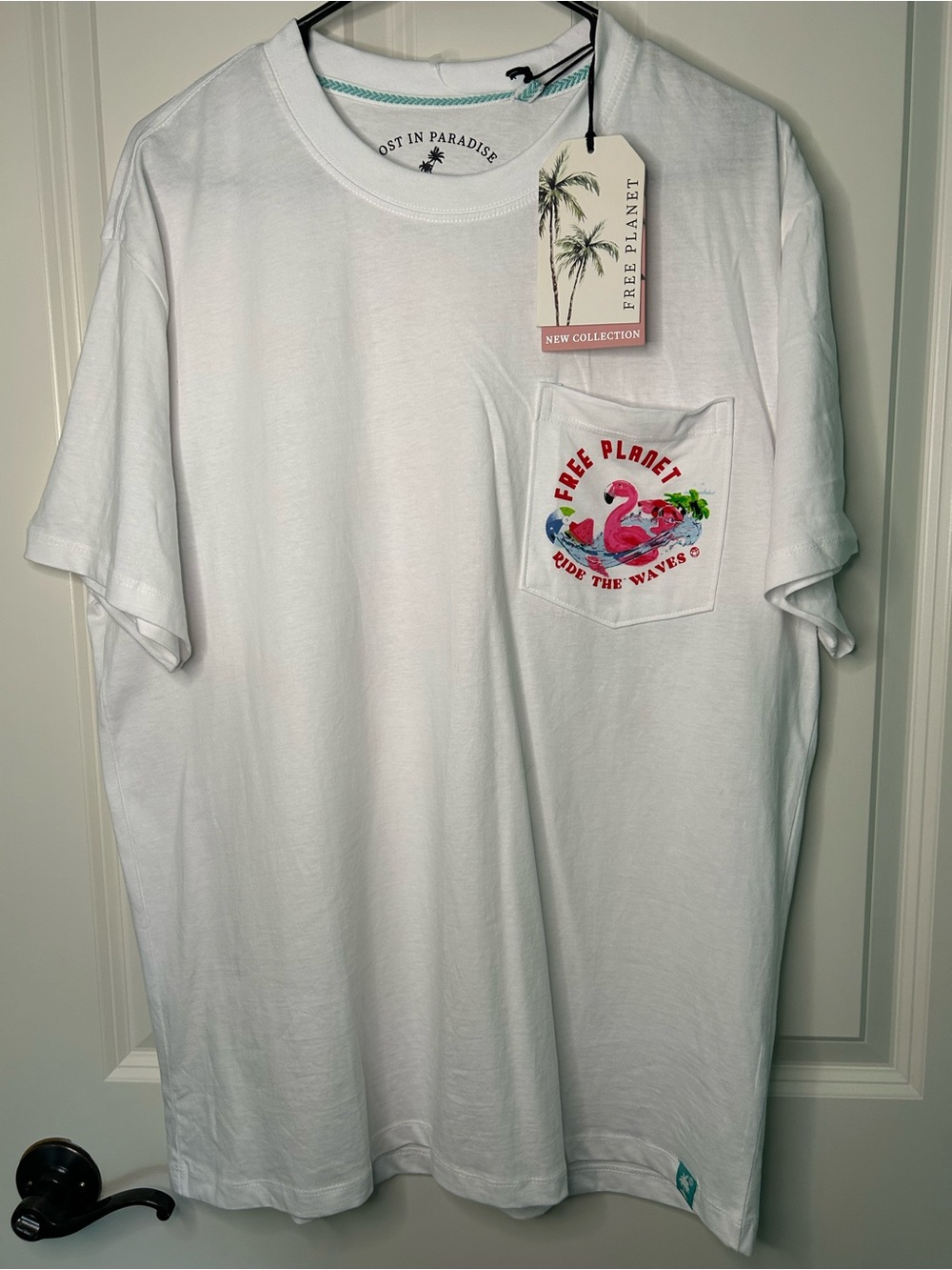 Free Planet White Short-Sleeve Pocket Tee with Flamingo Graphic